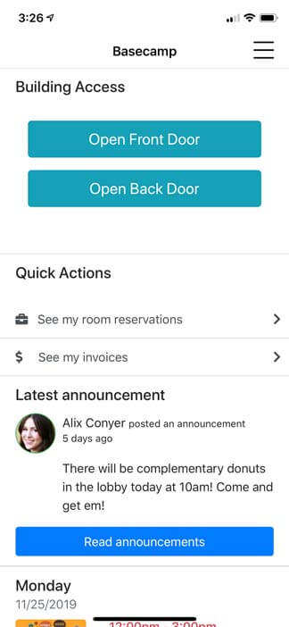 Screenshot of Jellyswitch app - Member dashboard with building access, latest announcements and quick actions shortcut
