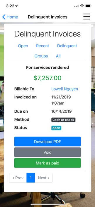Screenshot of Jellyswitch app - Delinquent invoices
