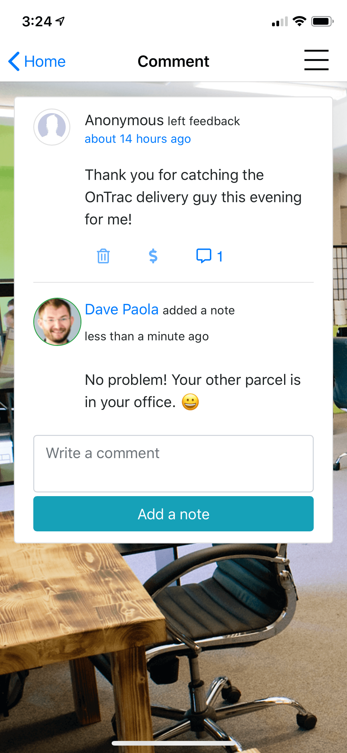 Screenshot of Jellyswitch app - Management note conversation