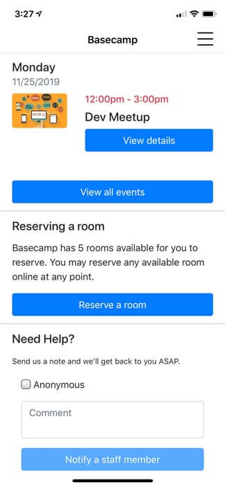 Screenshot of Jellyswitch app - Member dashboard with calendar, room reservation and notification of staff member option